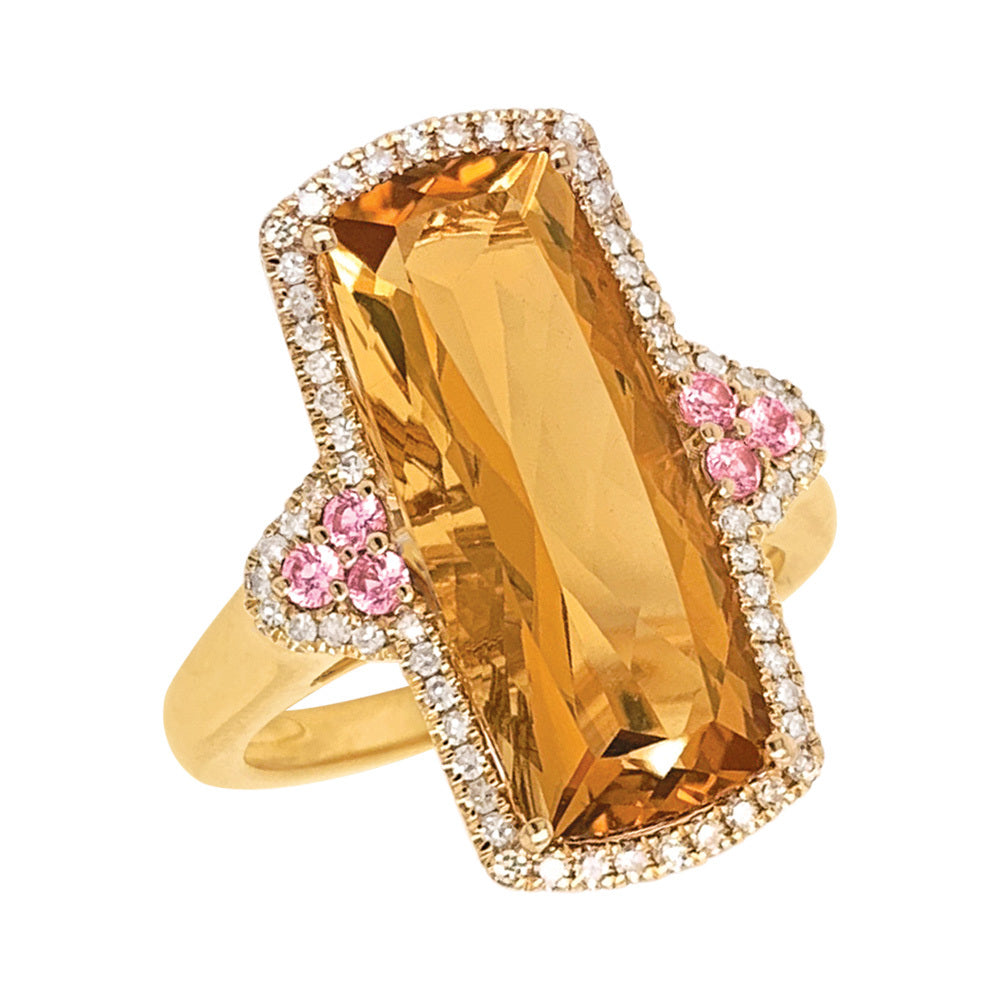 9k Yellow Gold Citrine, Pink Sapphire & 0.23ct Diamonds Ring