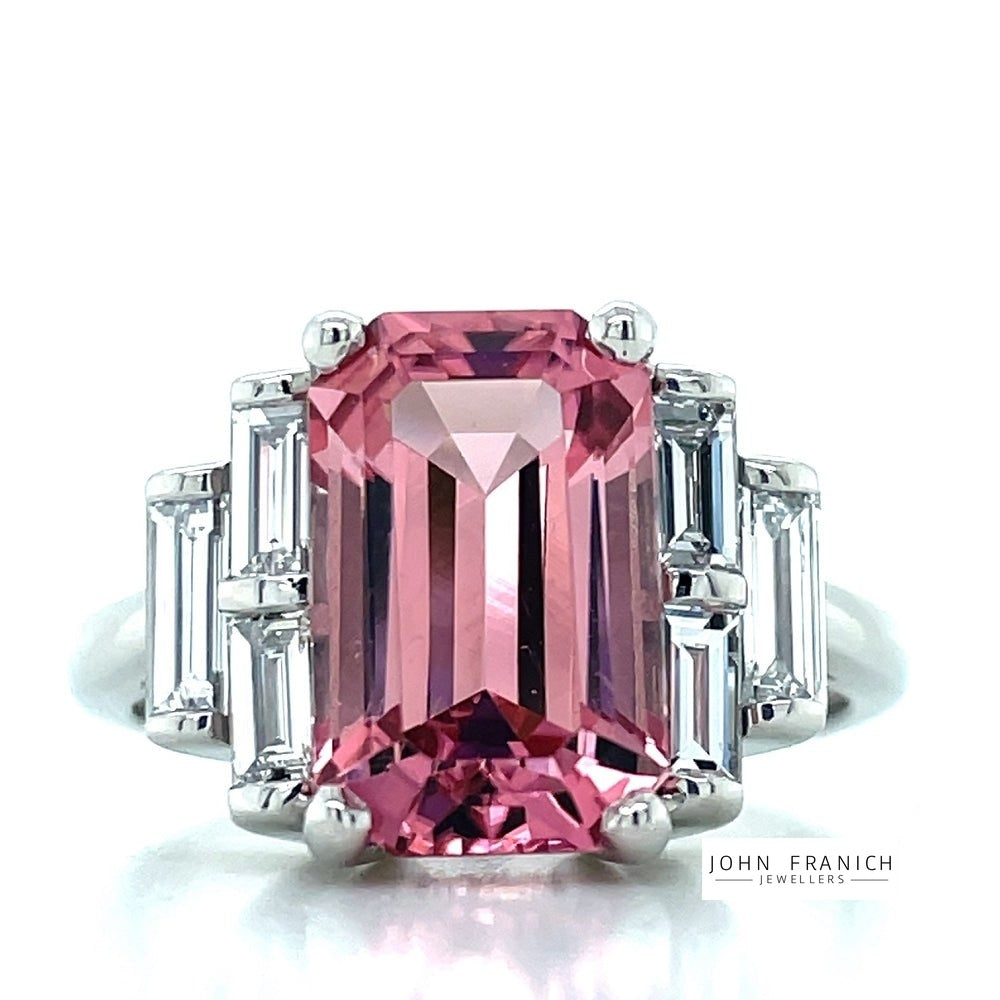 'Revel' Platinum 4.06ct EC Pink Tourmaline & Baguette Diamonds Ring
