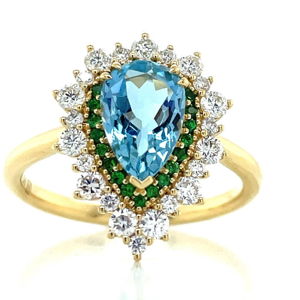 18k Yellow Gold 1.12ct Pear Aquamarine Tsavorite & Diamonds Cluster Ring john-franich-jewellers-nz