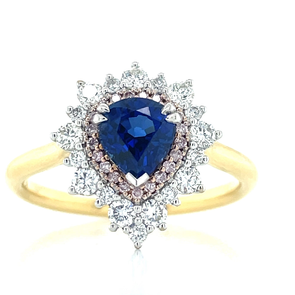 18k Tri Tone 1.10ct Pear Sapphire & Diamonds Ring