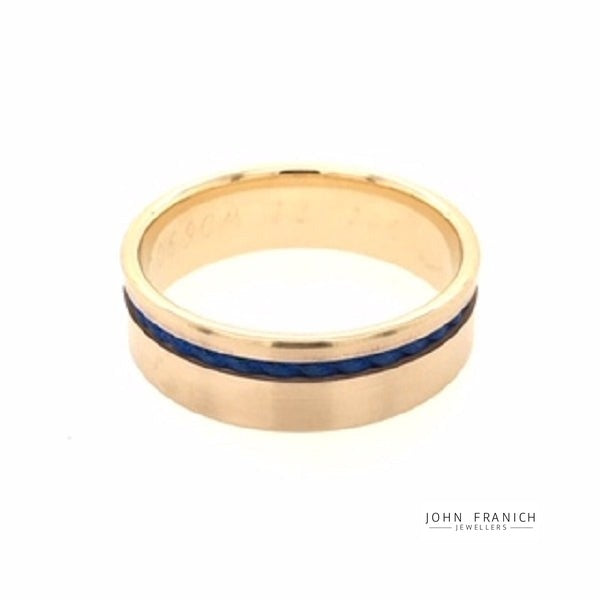 9k Yellow Gold Band Ring w Offset BlueTitanium Rope john-franich-jewellers-nz