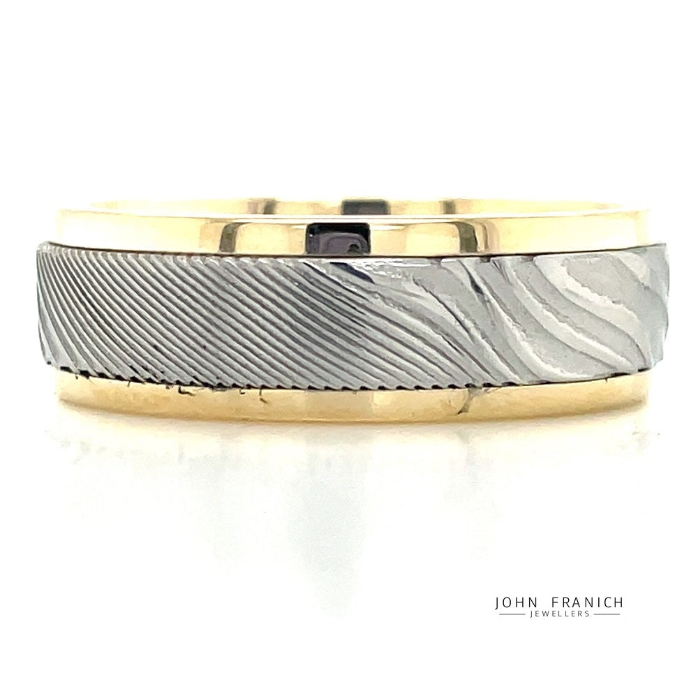 9k Yellow Gold & Damascus Steel 7mm Band Ring