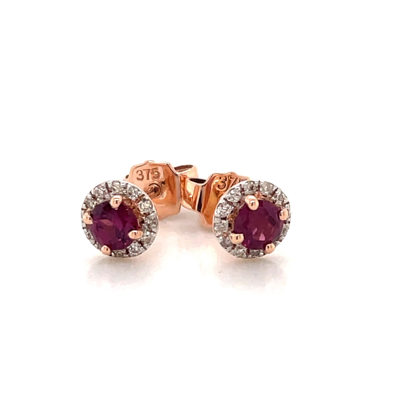 9k Rose Gold Rhodolite Garnet & Diamonds Cluster Stud Earrings