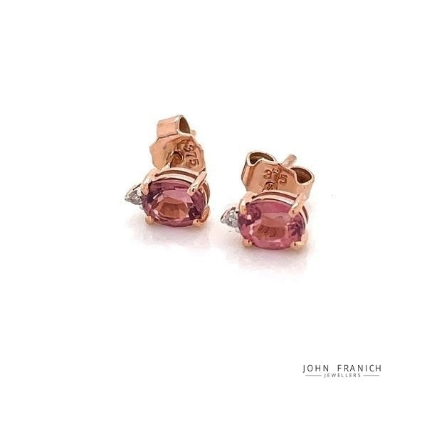9k Rose Gold Pink Tourmaline & Diamond Stud Earrings
