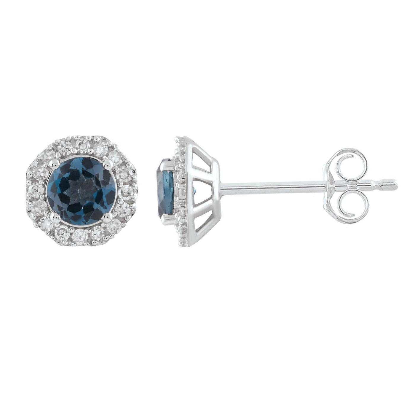 9K White Gold London Blue Topaz & Diamond Cluster Earrings