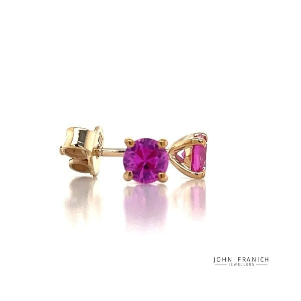 9K Yellow Gold Synthetic Pink Sapphire Stud Earrings