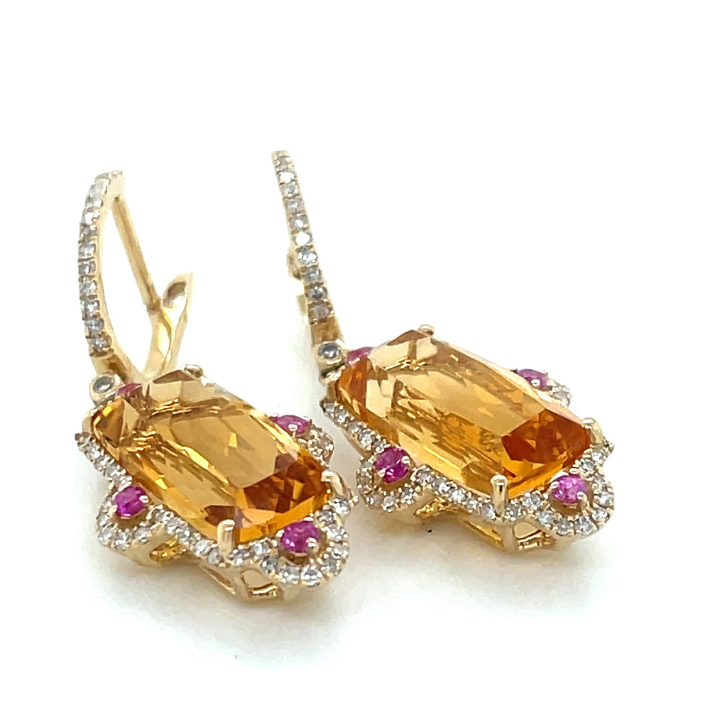 9k Yellow Gold Octagonal Citrine, Pink Sapphire & Diamond Huggie Earrings