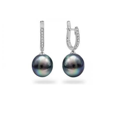 18k White Gold Black Pearl & Diamond Huggie Earrings