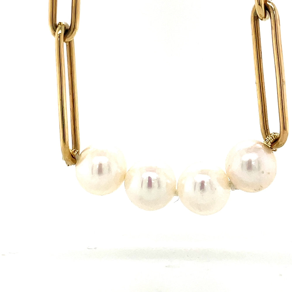 9k Yellow Gold Paperlink & White FW Pearls Necklace